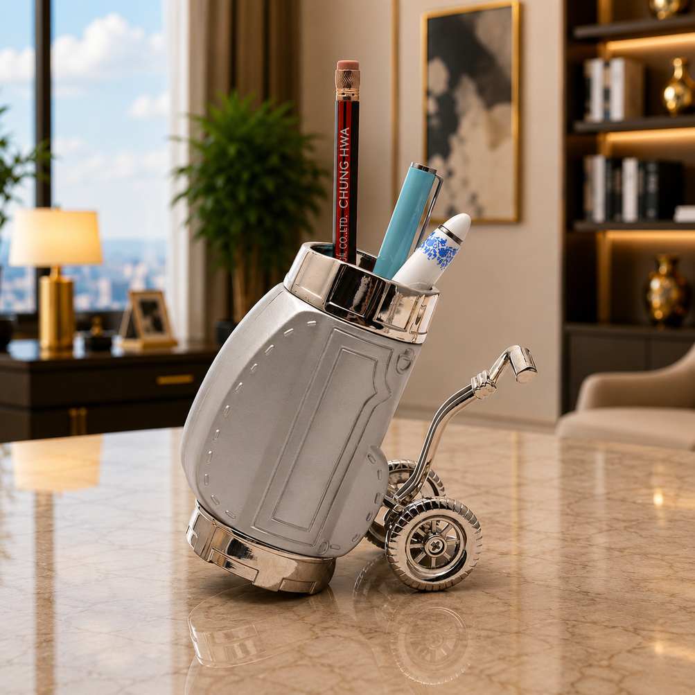 Quà tặng golf để bàn cao cấp hình túi gậy golf tích hợp ống cắm bút trong không gian làm việc sang trọng.